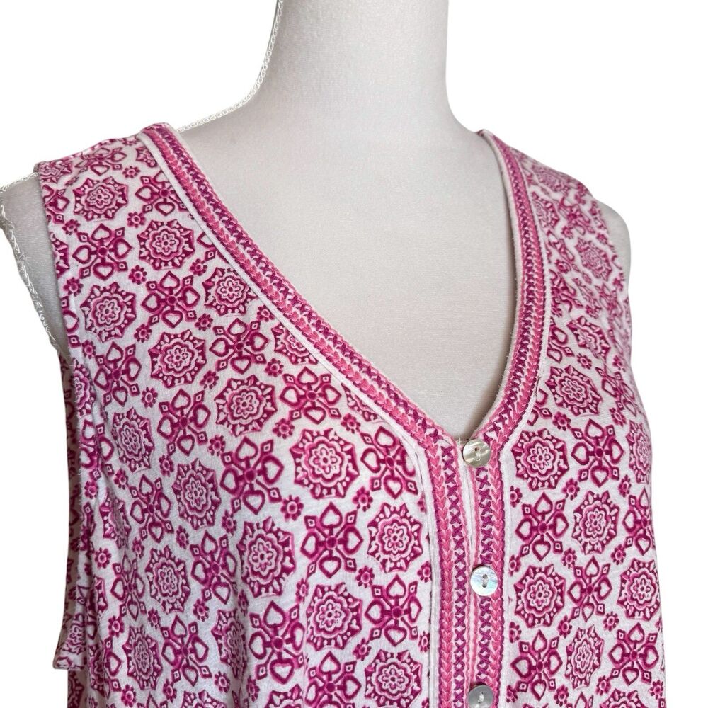 J. Jill Moroccan Tile Button Front V-neck Tunic Top Size L Pink White Sleeveless - Picture 2 of 8